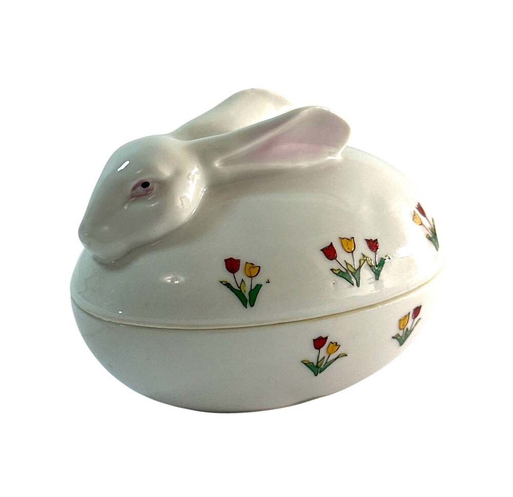 Vintage 1971 Ceramic Easter Bunny Rabbit Trinket Box Tulip Flowers Lidded Dish